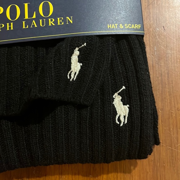 Polo Ralph Lauren Winter Beanie Hat and Scarf set black white Lambswool One Size - Picture 2 of 4